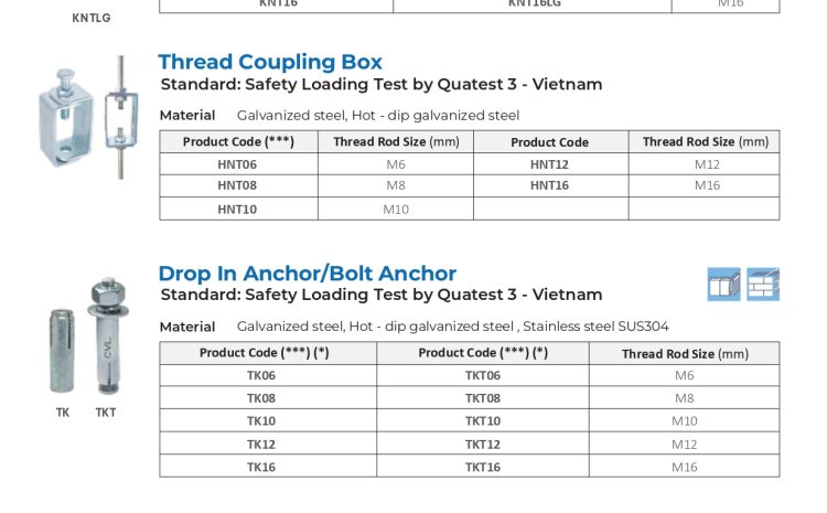  MEP Hangers & Supports – Round/Hexagon Thread Coupling Nut, Thread Coupling Box, Drop In Anchor/Bolt Anchor & Heavy Duty Concrete Insert