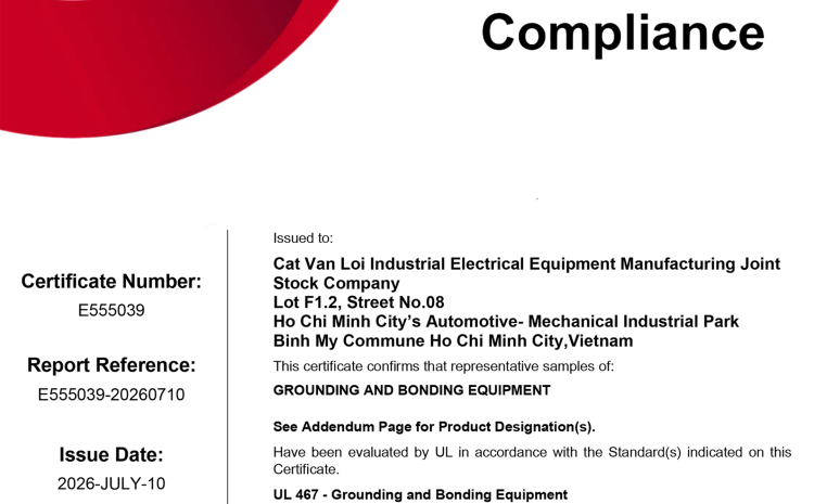  Cat Van Loi Achieves UL 467 Certification for Lightning Protection and Grounding Systems: Affirming International Standing